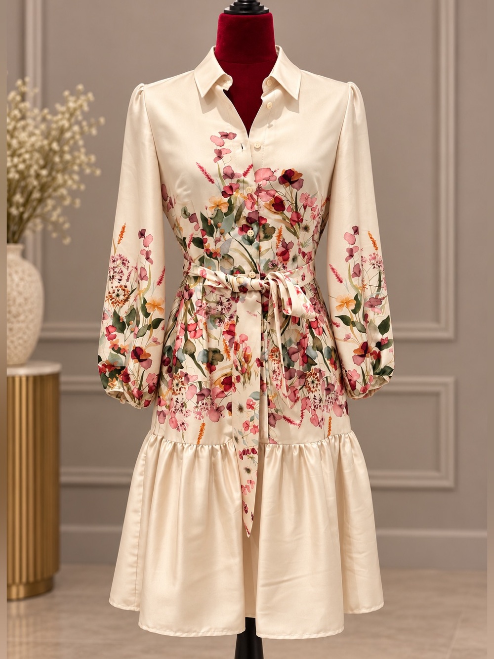 ANTONIO MELANI Cream Floral Tie-Waist Shirt Dress 4 S